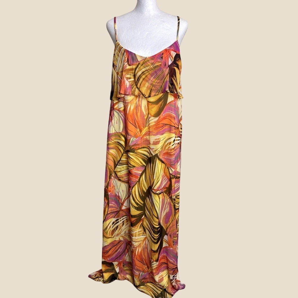SOHO Apparel Tropical Floral Maxi Dress Size 12 Tiered Ruffle Strappy Long